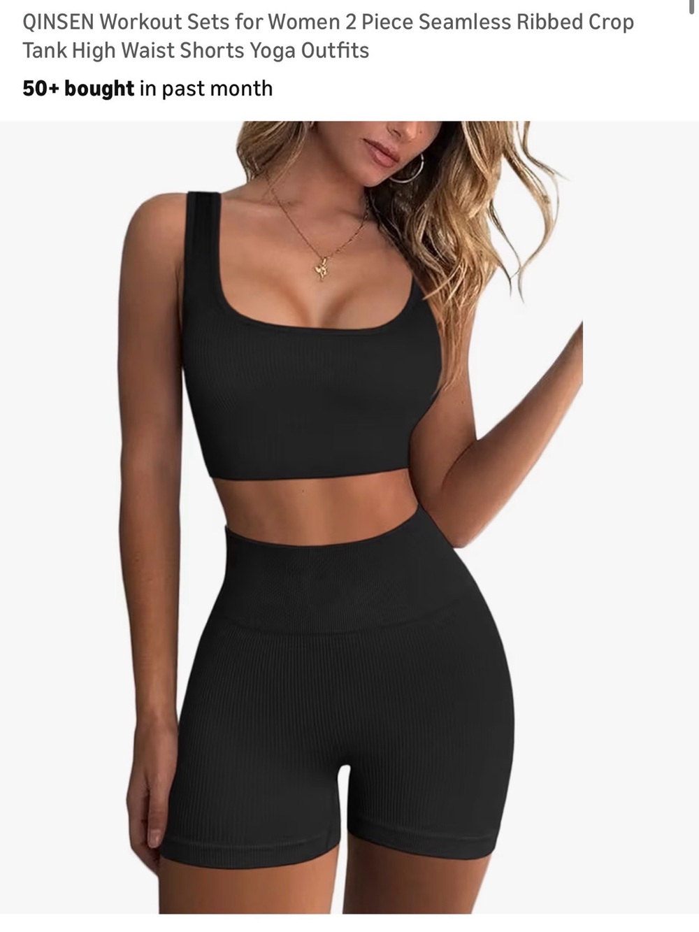 QINSEN Black Ribbed Seamless Workout Set - 2 Piece Crop Tank & High Waist Shorts